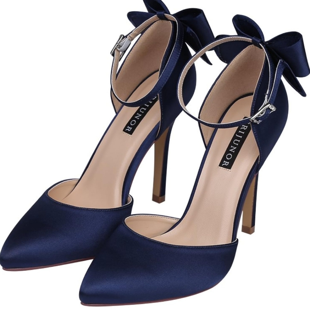 NEW Fancy Satin Blue Heels with Bow Ankle Strap Style Size 8 from ERIJUNOR